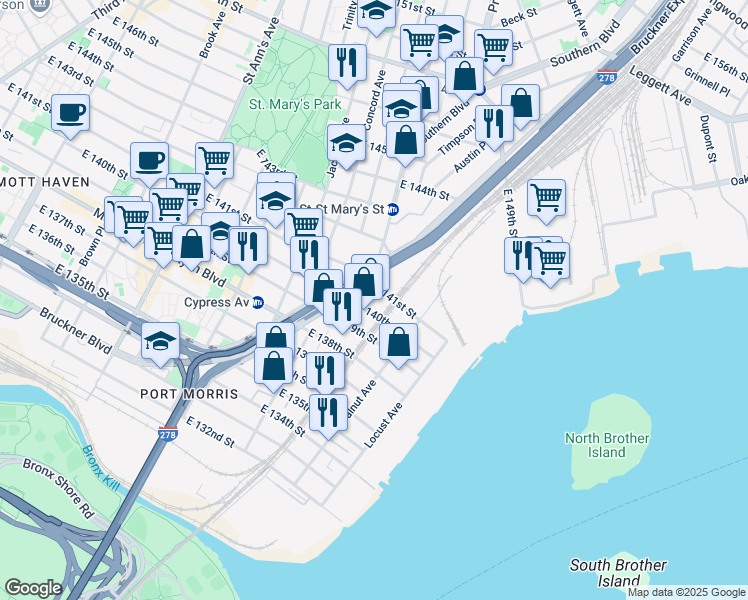 map of restaurants, bars, coffee shops, grocery stores, and more near 825 East 141st Street in The Bronx