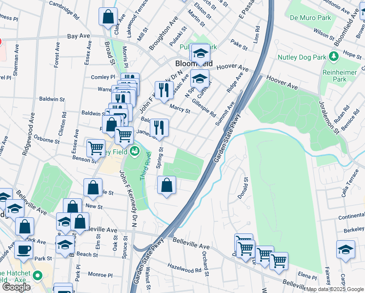 map of restaurants, bars, coffee shops, grocery stores, and more near 110 James Street in Bloomfield