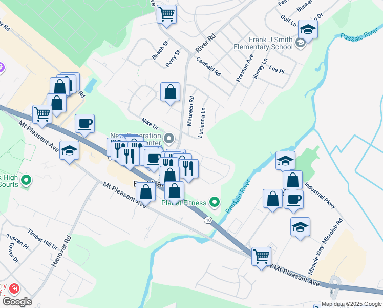 map of restaurants, bars, coffee shops, grocery stores, and more near 154 Castle Ridge Drive in East Hanover