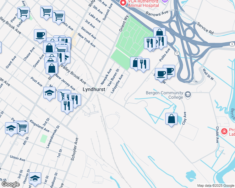 map of restaurants, bars, coffee shops, grocery stores, and more near in Lyndhurst