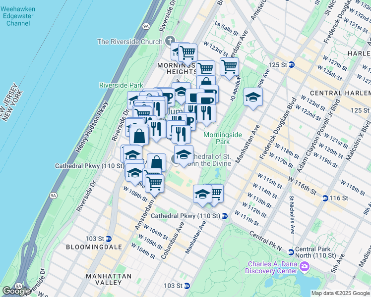 map of restaurants, bars, coffee shops, grocery stores, and more near 1111 Amsterdam Avenue in New York