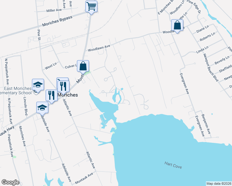 map of restaurants, bars, coffee shops, grocery stores, and more near 26 Pameeches Path in East Moriches