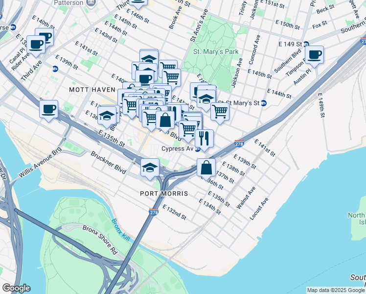 map of restaurants, bars, coffee shops, grocery stores, and more near 622A East 138th Street in Bronx