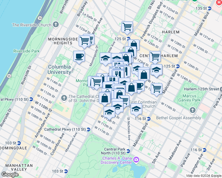 map of restaurants, bars, coffee shops, grocery stores, and more near in New York