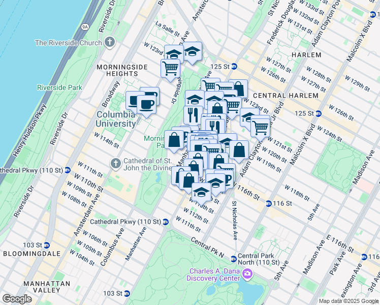 map of restaurants, bars, coffee shops, grocery stores, and more near 408 Manhattan Avenue in New York