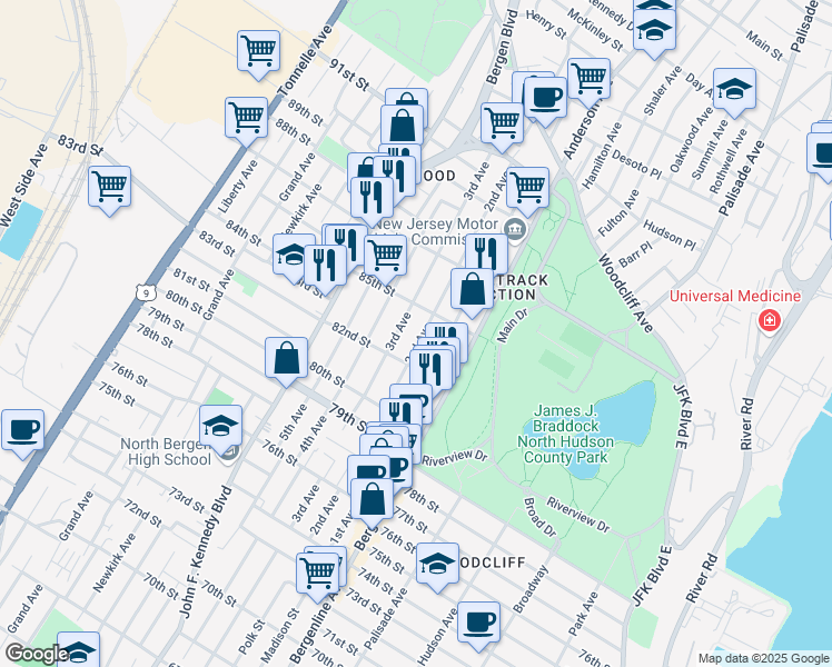 map of restaurants, bars, coffee shops, grocery stores, and more near 801 85th Street in North Bergen