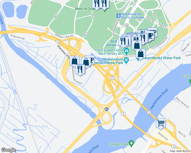 map of restaurants, bars, coffee shops, grocery stores, and more near 349 State Rt 17 in East Rutherford