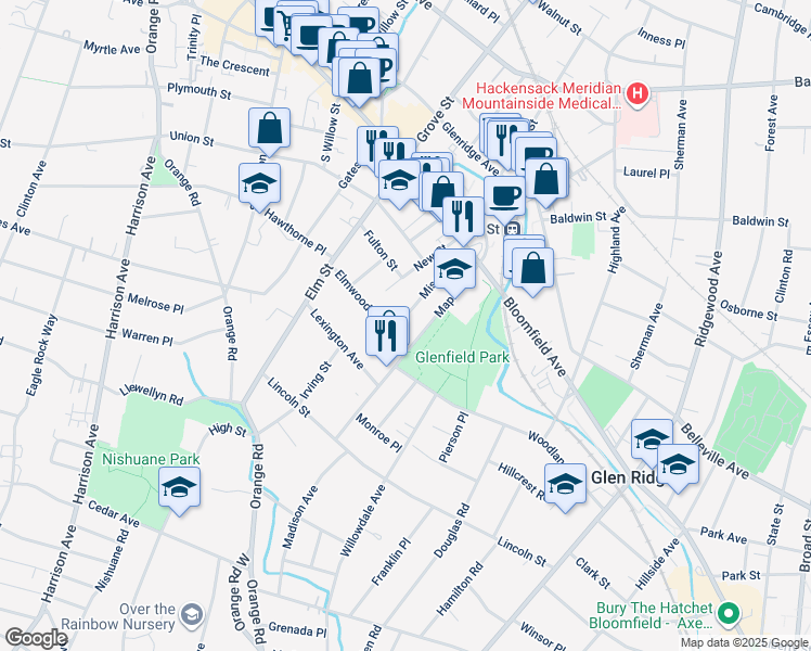 map of restaurants, bars, coffee shops, grocery stores, and more near 69 Mission Street in Montclair