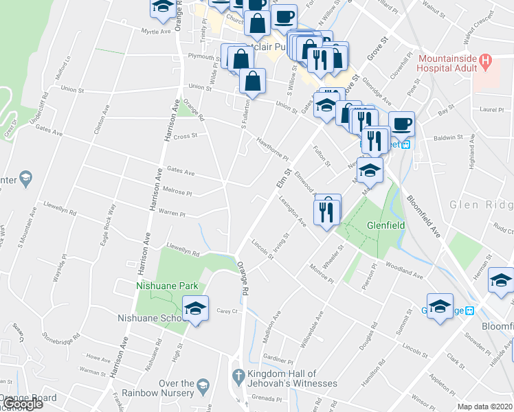 map of restaurants, bars, coffee shops, grocery stores, and more near 80 Gates Avenue in Montclair