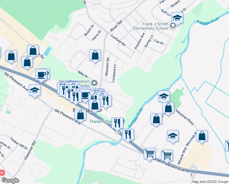 map of restaurants, bars, coffee shops, grocery stores, and more near 18 Lucianna Road in East Hanover