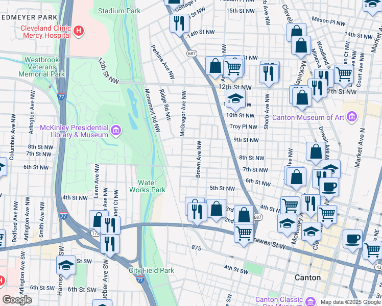 map of restaurants, bars, coffee shops, grocery stores, and more near 1320 9th Street Northwest in Canton