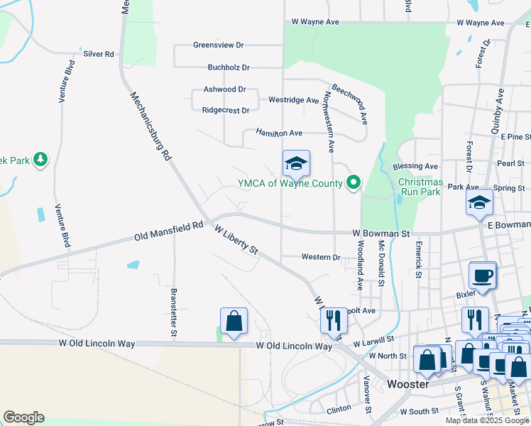 map of restaurants, bars, coffee shops, grocery stores, and more near 664 Oak Hill Road in Wooster