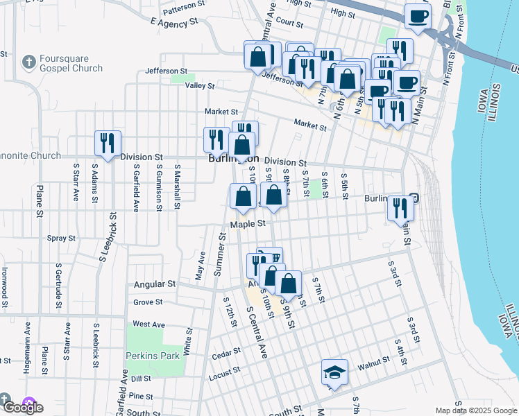 map of restaurants, bars, coffee shops, grocery stores, and more near 254 South 10th Street in Burlington