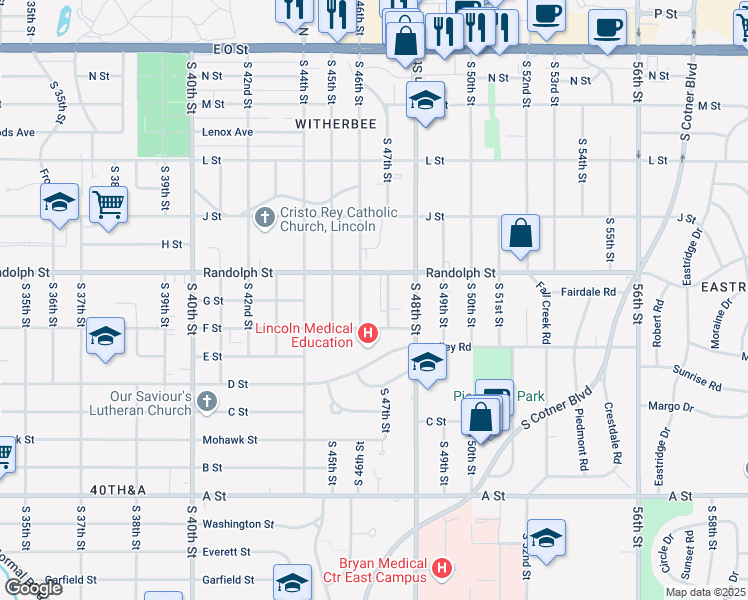 map of restaurants, bars, coffee shops, grocery stores, and more near 841 South 47th Street in Lincoln