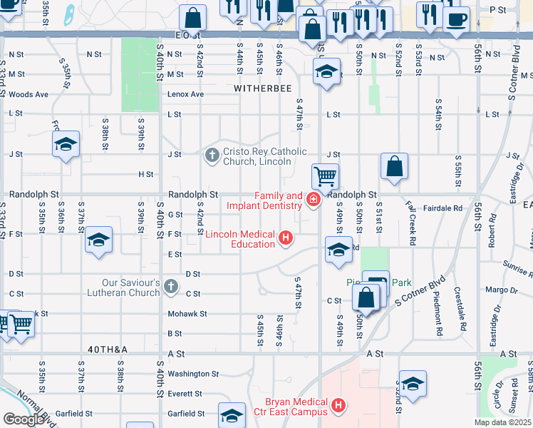 map of restaurants, bars, coffee shops, grocery stores, and more near 4501 Randolph Street in Lincoln