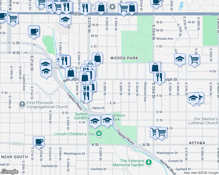 map of restaurants, bars, coffee shops, grocery stores, and more near 2817 Randolph Street in Lincoln
