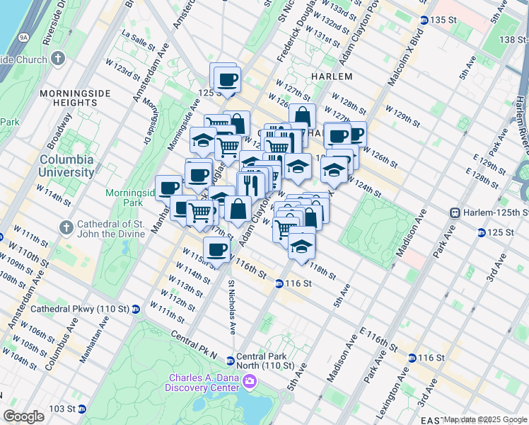 map of restaurants, bars, coffee shops, grocery stores, and more near 1989 Adam Clayton Powell Junior Boulevard in New York