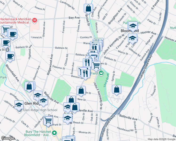 map of restaurants, bars, coffee shops, grocery stores, and more near 27 Waverly Terrace in Bloomfield