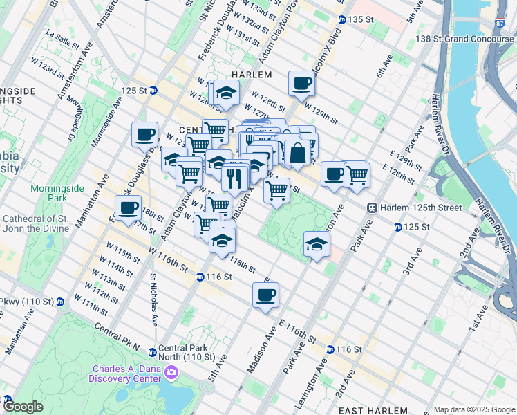 map of restaurants, bars, coffee shops, grocery stores, and more near 10 West 123rd Street in New York