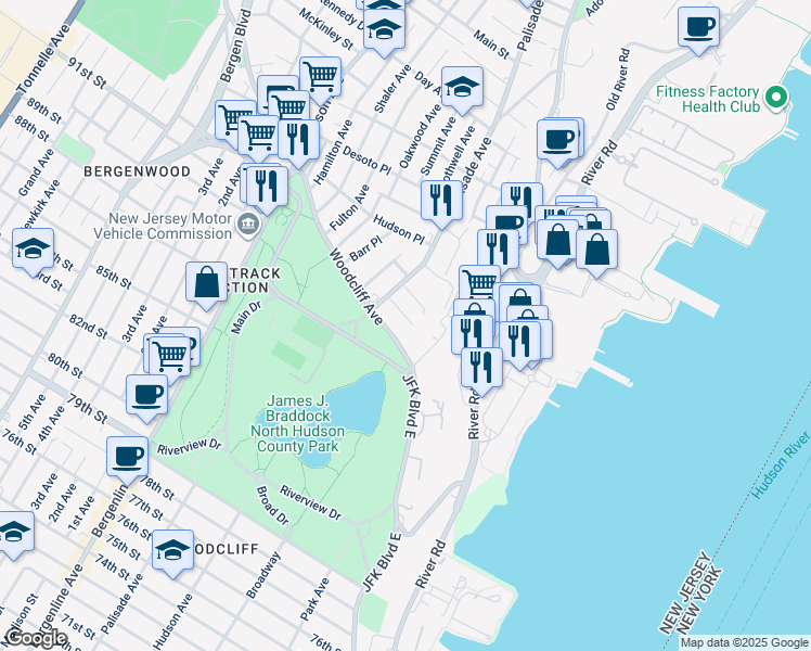 map of restaurants, bars, coffee shops, grocery stores, and more near 142 Hillcrest Place in North Bergen