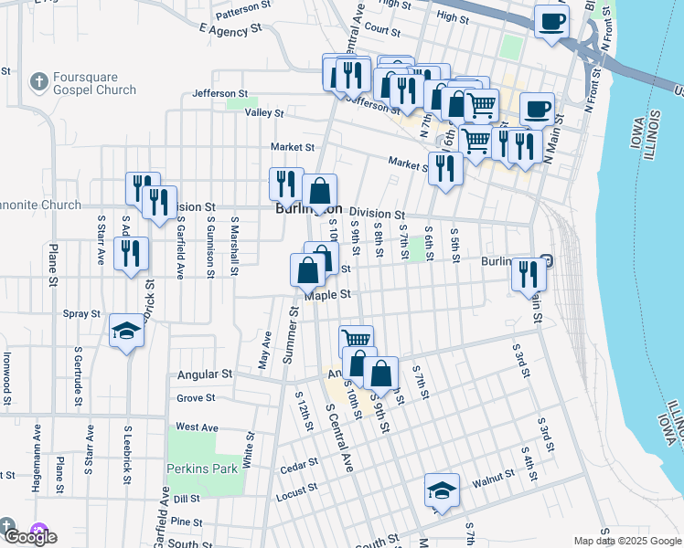 map of restaurants, bars, coffee shops, grocery stores, and more near 254 South 10th Street in Burlington