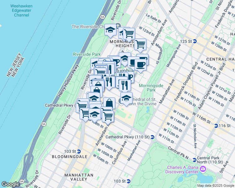 map of restaurants, bars, coffee shops, grocery stores, and more near 511 West 113th Street in New York