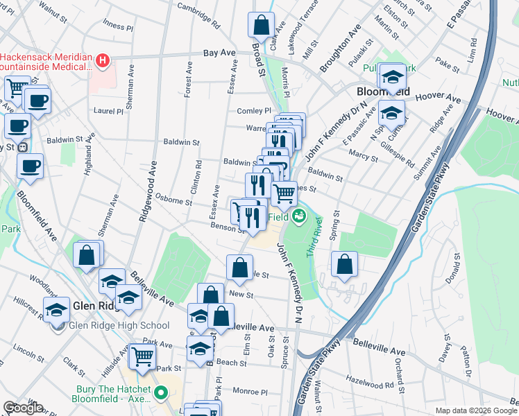 map of restaurants, bars, coffee shops, grocery stores, and more near 27 Waverly Terrace in Bloomfield