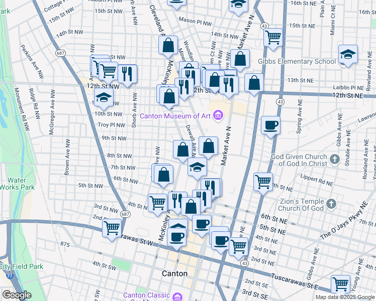 map of restaurants, bars, coffee shops, grocery stores, and more near 915 McKinley Avenue Northwest in Canton