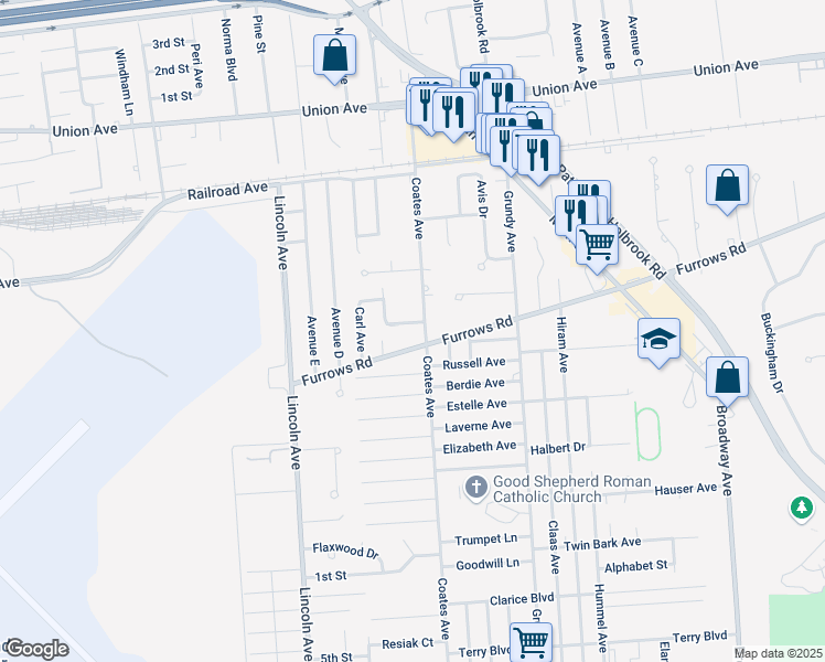map of restaurants, bars, coffee shops, grocery stores, and more near 1580 Coates Avenue in Holbrook