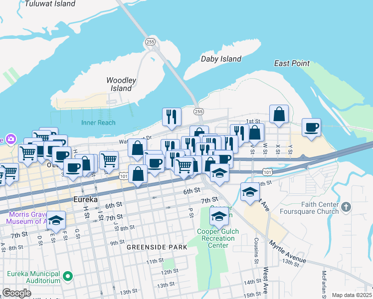 map of restaurants, bars, coffee shops, grocery stores, and more near 1536 3rd Street in Eureka