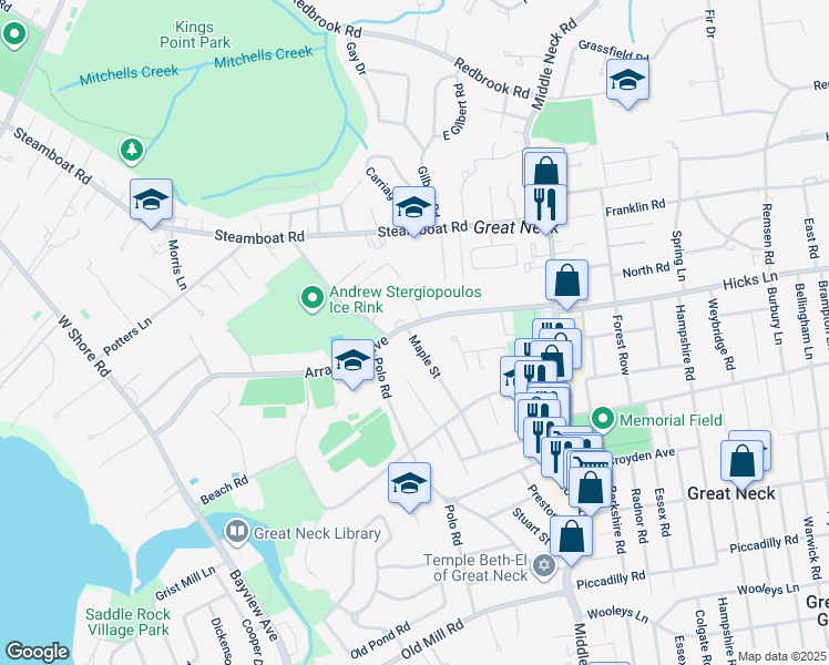 map of restaurants, bars, coffee shops, grocery stores, and more near 1 Wood Court in Great Neck