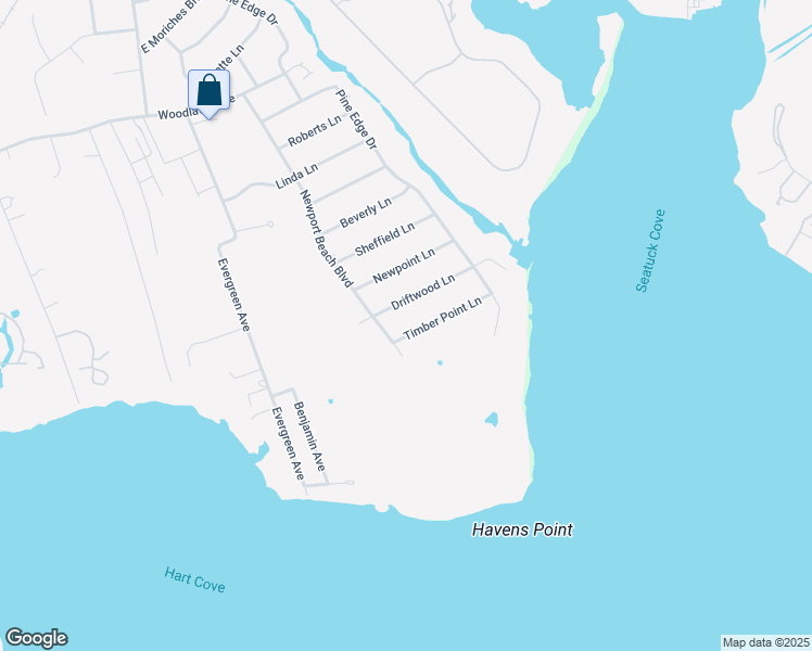 map of restaurants, bars, coffee shops, grocery stores, and more near 42 Driftwood Lane in East Moriches