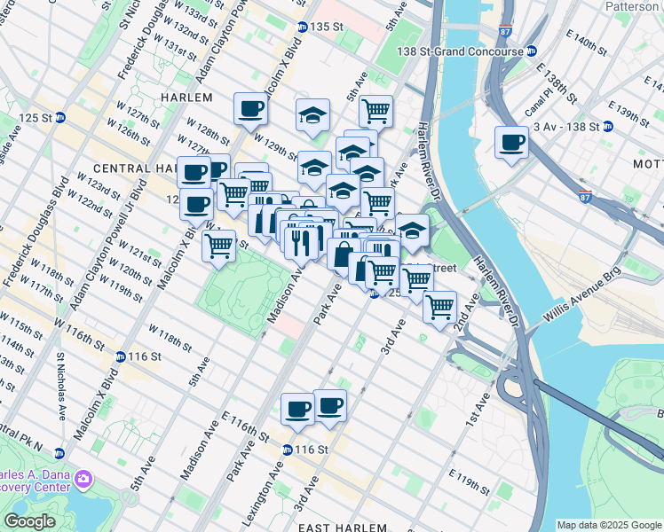 map of restaurants, bars, coffee shops, grocery stores, and more near 81 East 125th Street in New York