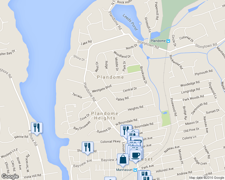 map of restaurants, bars, coffee shops, grocery stores, and more near 37 Westgate Boulevard in Manhasset