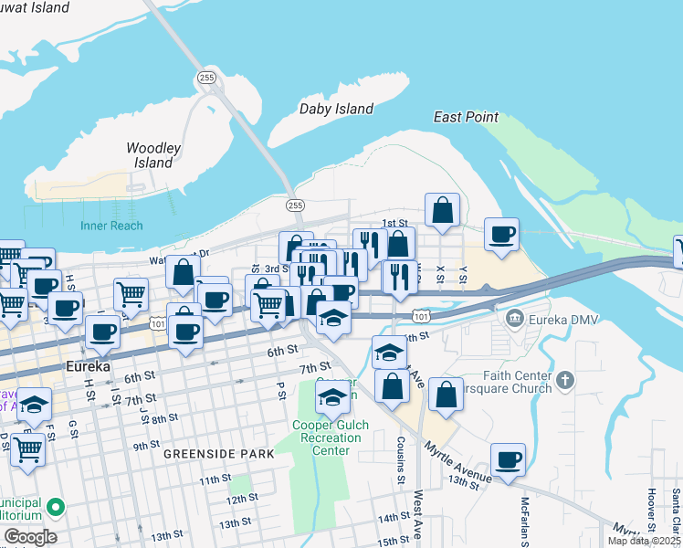 map of restaurants, bars, coffee shops, grocery stores, and more near 1824 2nd Street in Eureka