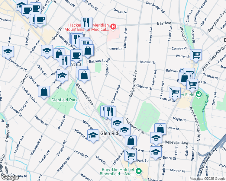 map of restaurants, bars, coffee shops, grocery stores, and more near in Glen Ridge