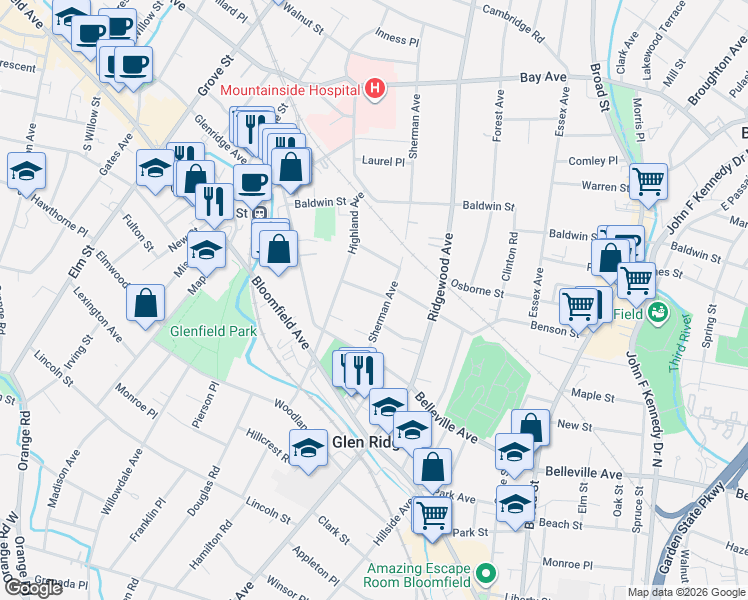 map of restaurants, bars, coffee shops, grocery stores, and more near in Glen Ridge
