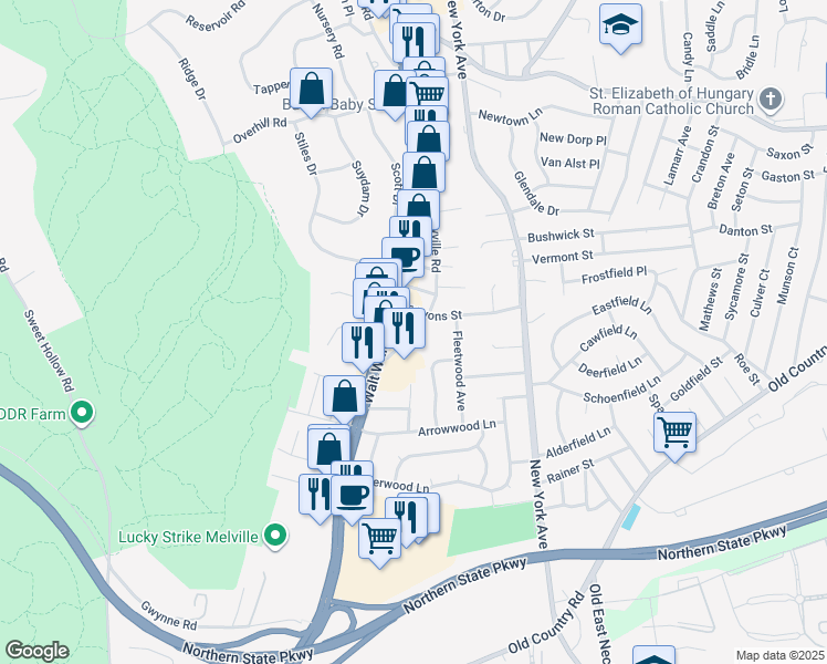 map of restaurants, bars, coffee shops, grocery stores, and more near 60 Amityville Road in Melville