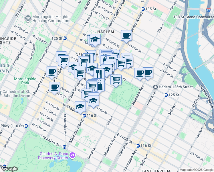 map of restaurants, bars, coffee shops, grocery stores, and more near 38 West 123rd Street in New York