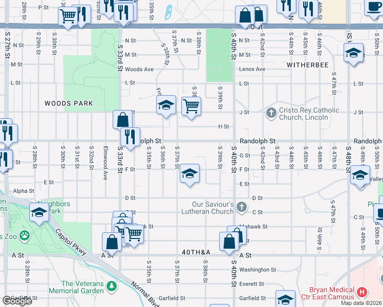 map of restaurants, bars, coffee shops, grocery stores, and more near 3725 Randolph Street in Lincoln