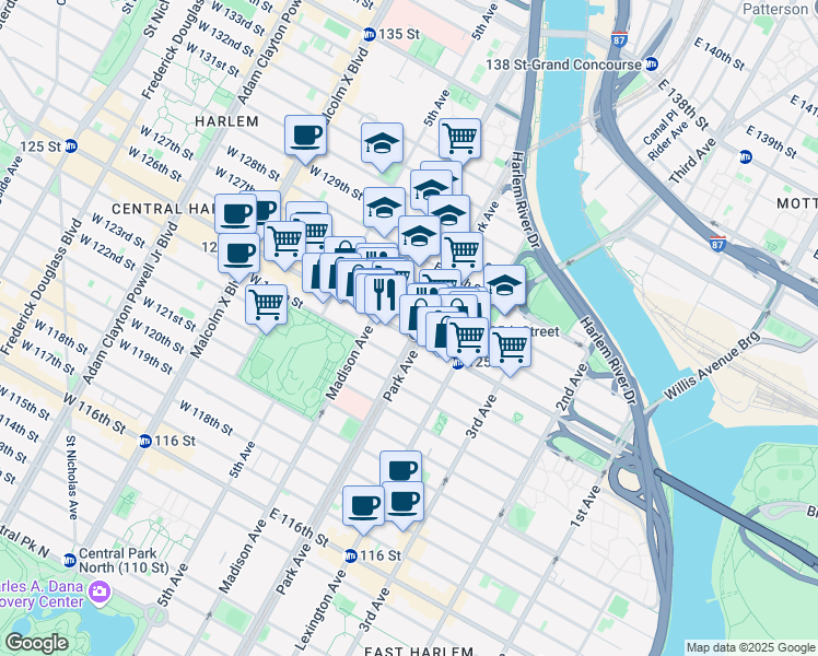 map of restaurants, bars, coffee shops, grocery stores, and more near 56 East 126th Street in New York