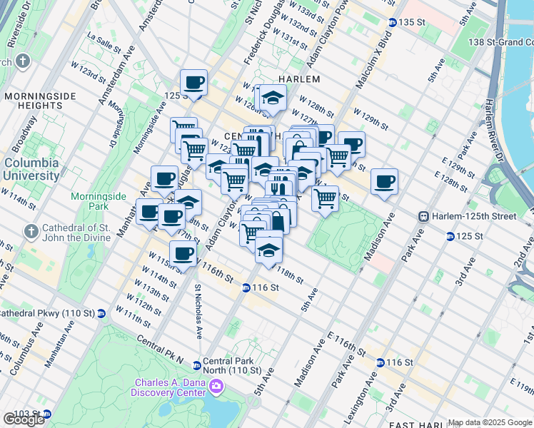 map of restaurants, bars, coffee shops, grocery stores, and more near 147 West 121st Street in New York