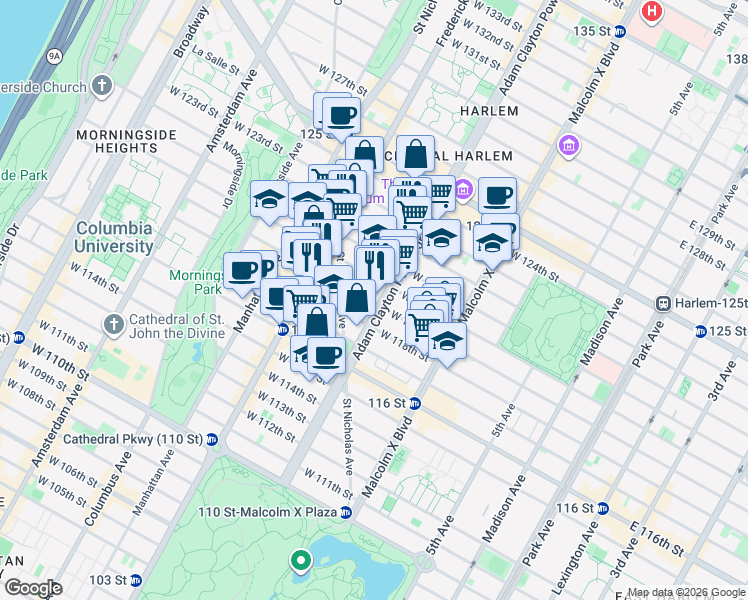 map of restaurants, bars, coffee shops, grocery stores, and more near 1980 Adam Clayton Powell Junior Boulevard in New York