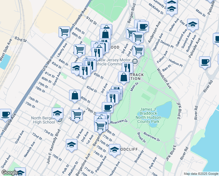map of restaurants, bars, coffee shops, grocery stores, and more near 801 85th Street in North Bergen