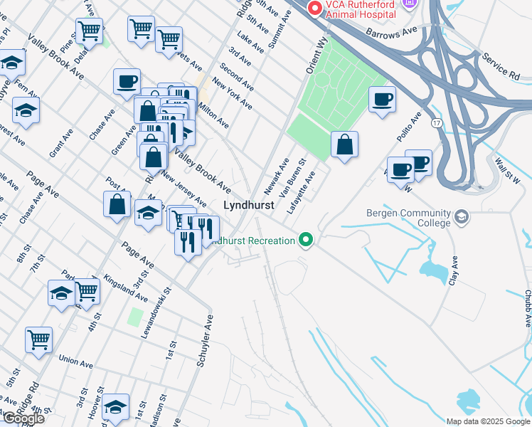map of restaurants, bars, coffee shops, grocery stores, and more near in Lyndhurst