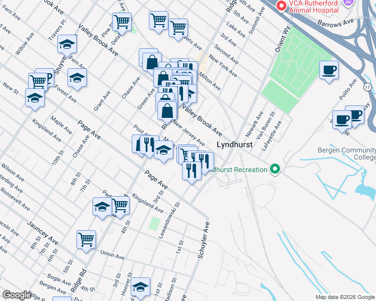 map of restaurants, bars, coffee shops, grocery stores, and more near 353 4th Street in Lyndhurst