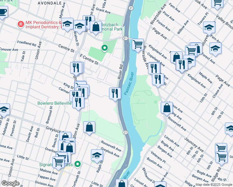 map of restaurants, bars, coffee shops, grocery stores, and more near 82 River Road in Nutley