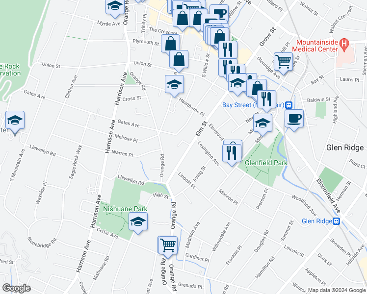 map of restaurants, bars, coffee shops, grocery stores, and more near 80 Gates Avenue in Montclair