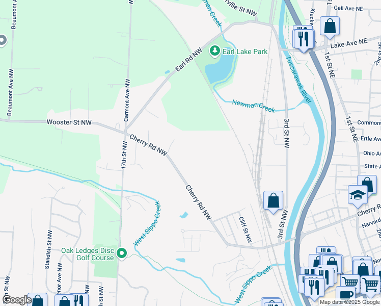 map of restaurants, bars, coffee shops, grocery stores, and more near 1308 Cherry Road Northwest in Massillon