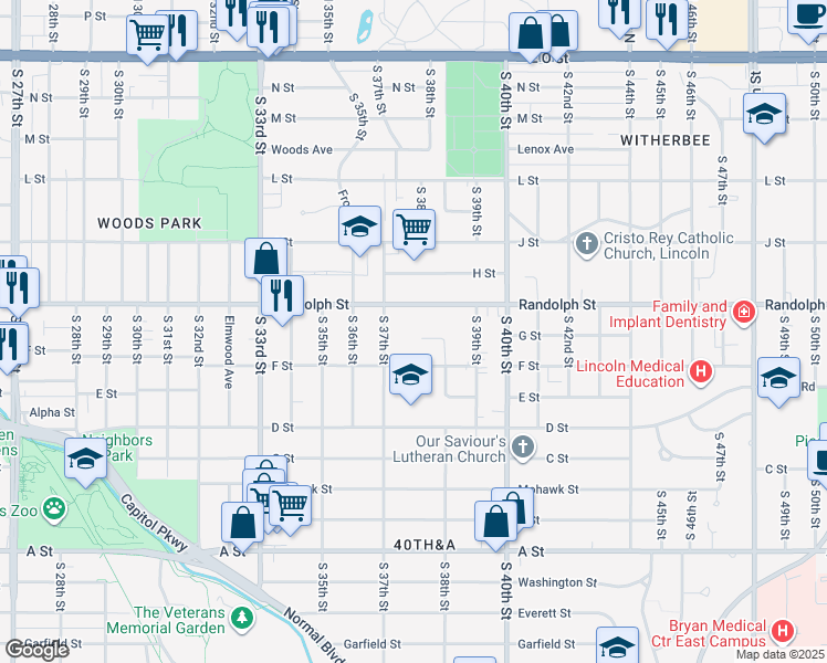 map of restaurants, bars, coffee shops, grocery stores, and more near 3725 Randolph Street in Lincoln